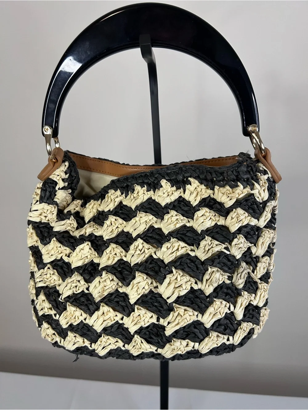 a new day Black and Cream Woven Raffia Satchel with Top Handle